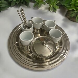 VINTAGE 17 PC. GOLD/SILVER DEMITASSE ESPRESSO SET TRAY, PORCELAIN CUPS & SPOONS